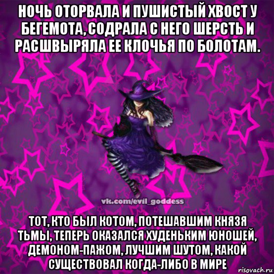 ночь оторвала и пушистый хвост у бегемота, содрала с него шерсть и расшвыряла ее клочья по болотам. тот, кто был котом, потешавшим князя тьмы, теперь оказался худеньким юношей, демоном-пажом, лучшим шутом, какой существовал когда-либо в мире