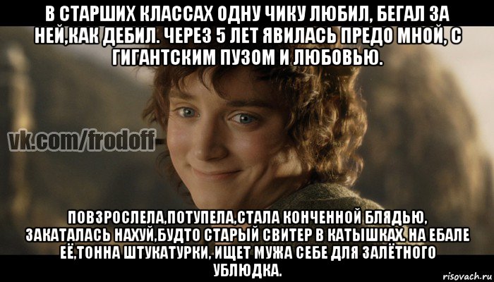 в старших классах одну чику любил, бегал за ней,как дебил. через 5 лет явилась предо мной, с гигантским пузом и любовью. повзрослела,потупела,стала конченной блядью, закаталась нахуй,будто старый свитер в катышках. на ебале её,тонна штукатурки, ищет мужа себе для залётного ублюдка., Мем  Фродо