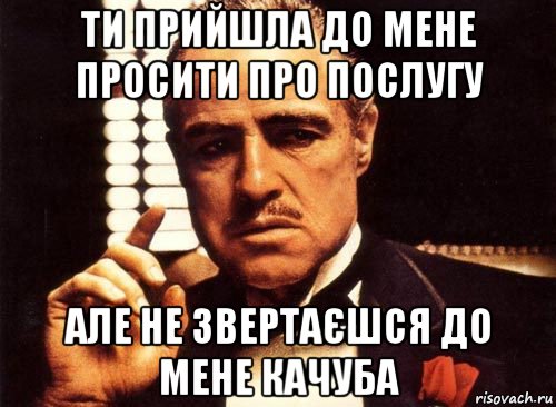 ти прийшла до мене просити про послугу але не звертаєшся до мене качуба, Мем крестный отец