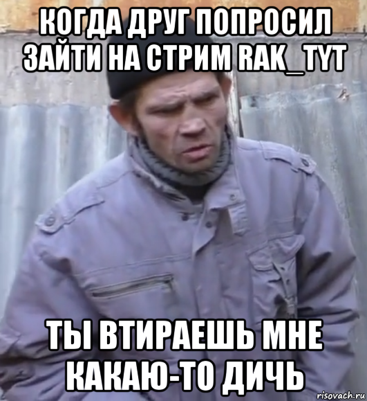 когда друг попросил зайти на стрим rak_tyt ты втираешь мне какаю-то дичь, Мем  Ты втираешь мне какую то дичь