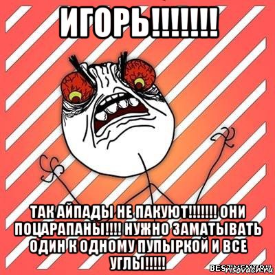 игорь!!!!!!! так айпады не пакуют!!!!!!! они поцарапаны!!!! нужно заматывать один к одному пупыркой и все углы!!!!!, Мем  Злость