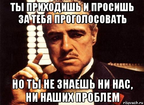 ты приходишь и просишь за тебя проголосовать но ты не знаешь ни нас, ни наших проблем, Мем крестный отец