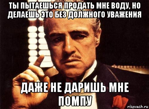 ты пытаешься продать мне воду, но делаешь это без должного уважения даже не даришь мне помпу, Мем крестный отец