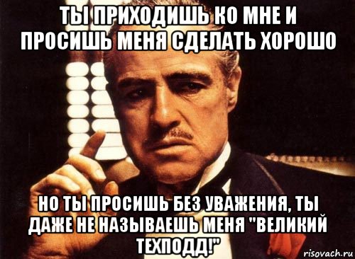 ты приходишь ко мне и просишь меня сделать хорошо но ты просишь без уважения, ты даже не называешь меня "великий техподд!", Мем крестный отец