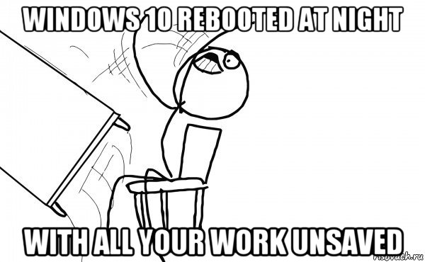 windows 10 rebooted at night with all your work unsaved, Мем  Переворачивает стол