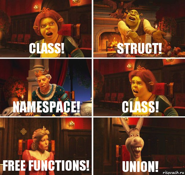 class! struct! namespace! class! free functions! Union!, Комикс  Шрек Фиона Гарольд Осел