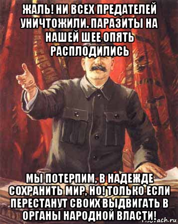 жаль! ни всех предателей уничтожили. паразиты на нашей шее опять расплодились мы потерпим, в надежде сохранить мир, но! только если перестанут своих выдвигать в органы народной власти!, Мем  сталин цветной