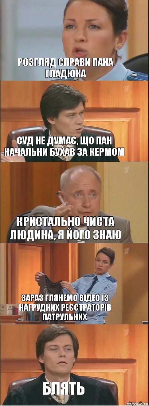 розгляд справи пана Гладюка суд не думає, що пан начальни бухав за кермом кристально чиста людина, я його знаю зараз глянемо відео із нагрудних реєстраторів патрульних блять, Комикс Суд