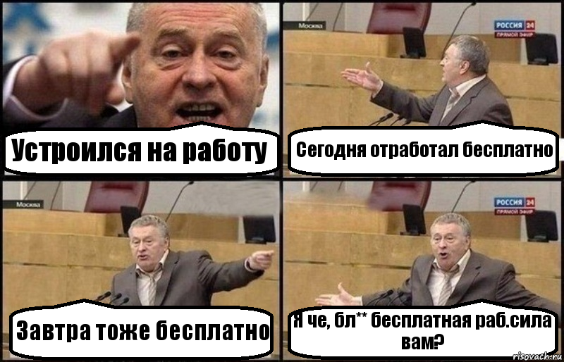 Устроился на работу Сегодня отработал бесплатно Завтра тоже бесплатно Я че, бл** бесплатная раб.сила вам?, Комикс Жириновский