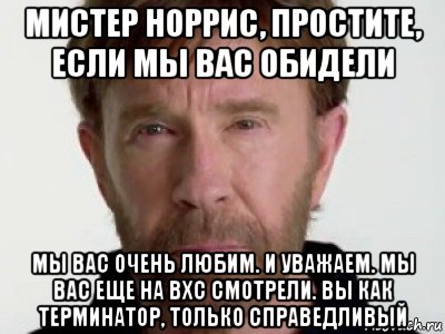 мистер норрис, простите, если мы вас обидели мы вас очень любим. и уважаем. мы вас еще на вхс смотрели. вы как терминатор, только справедливый