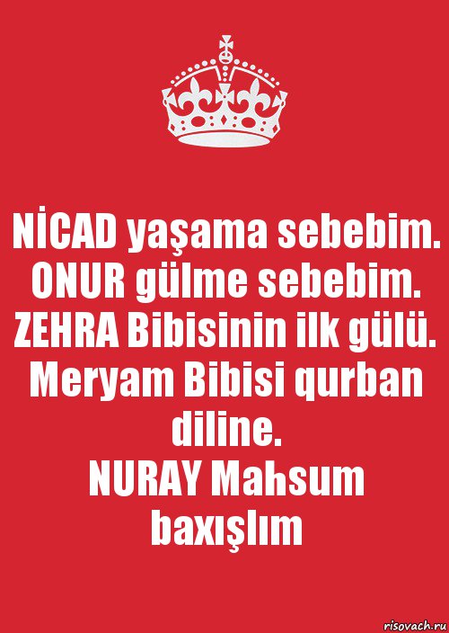 NİCAD yaşama sebebim.
ONUR gülme sebebim.
ZEHRA Bibisinin ilk gülü.
Meryam Bibisi qurban diline.
NURAY Mahsum baxışlım, Комикс Keep Calm 3