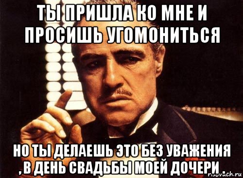 ты пришла ко мне и просишь угомониться но ты делаешь это без уважения , в день свадьбы моей дочери ., Мем крестный отец