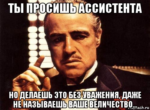 ты просишь ассистента но делаешь это без уважения, даже не называешь ваше величество..., Мем крестный отец