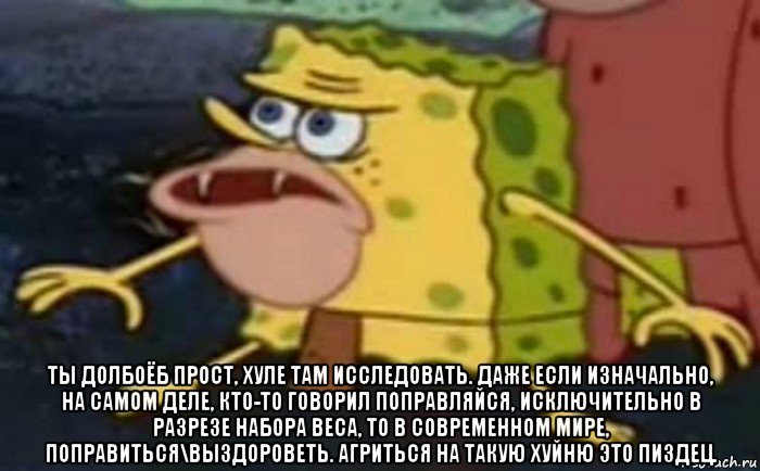  ты долбоёб прост, хуле там исследовать. даже если изначально, на самом деле, кто-то говорил поправляйся, исключительно в разрезе набора веса, то в современном мире, поправиться\выздороветь. агриться на такую хуйню это пиздец., Мем Пещерный Губка Боб