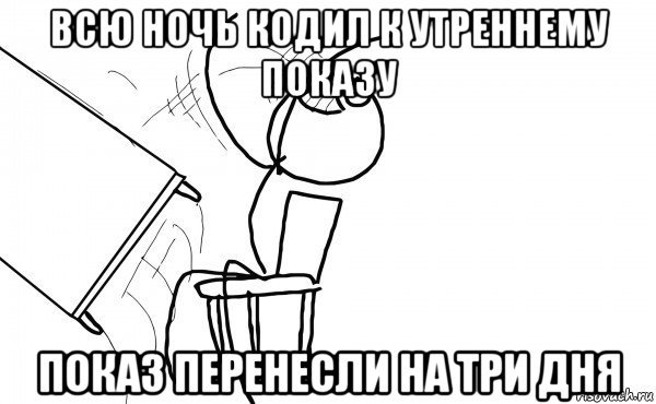 всю ночь кодил к утреннему показу показ перенесли на три дня, Мем  Переворачивает стол