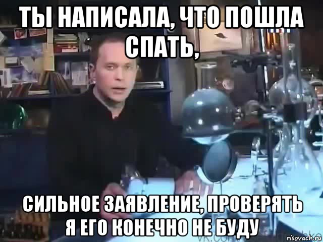 ты написала, что пошла спать, сильное заявление, проверять я его конечно не буду, Мем Сильное заявление