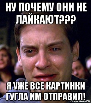 ну почему они не лайкают??? я уже все картинки гугла им отправил!, Мем  Тоби магуаер плачет