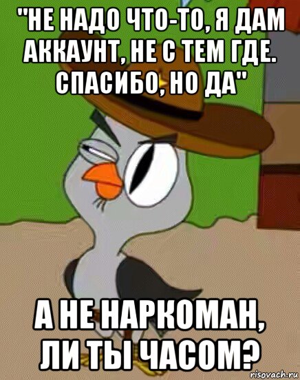 "не надо что-то, я дам аккаунт, не с тем где. спасибо, но да" а не наркоман, ли ты часом?, Мем    Упоротая сова