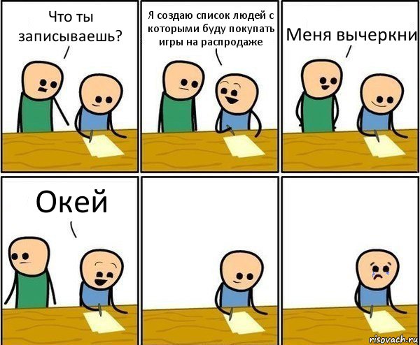 Что ты записываешь? Я создаю список людей с которыми буду покупать игры на распродаже Меня вычеркни Окей, Комикс Вычеркни меня