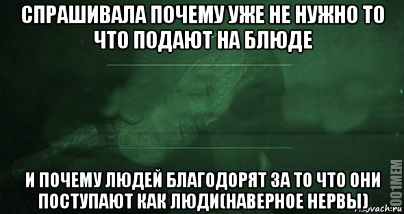 спрашивала почему уже не нужно то что подают на блюде и почему людей благодорят за то что они поступают как люди(наверное нервы), Мем Игра слов 2