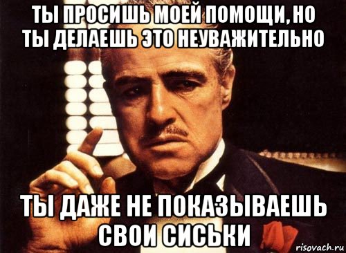 ты просишь моей помощи, но ты делаешь это неуважительно ты даже не показываешь свои сиськи, Мем крестный отец