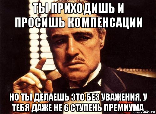 ты приходишь и просишь компенсации но ты делаешь это без уважения, у тебя даже не 6 ступень премиума, Мем крестный отец