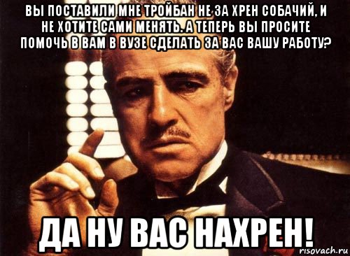 вы поставили мне тройбан не за хрен собачий, и не хотите сами менять. а теперь вы просите помочь в вам в вузе сделать за вас вашу работу? да ну вас нахрен!, Мем крестный отец