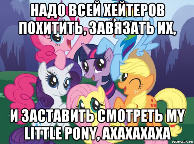 надо всей хейтеров похитить, завязать их, и заставить смотреть my little pony, ахахахаха, Мем My little pony