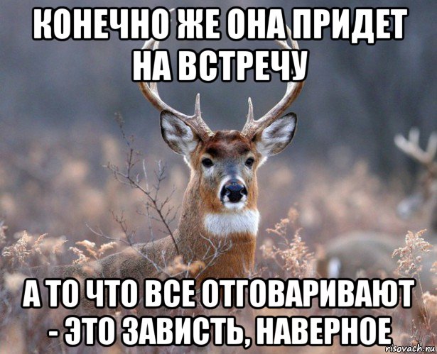 конечно же она придет на встречу а то что все отговаривают - это зависть, наверное, Мем   Наивный олень