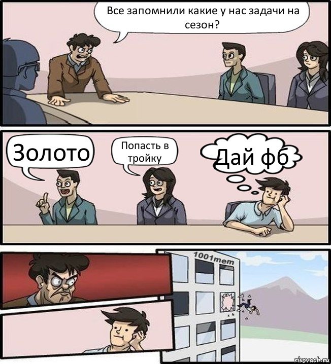 Все запомнили какие у нас задачи на сезон? Золото Попасть в тройку Дай фб, Комикс Совещание (задумался и вылетел из окна)