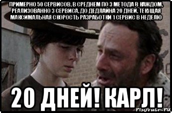 примерно 50 сервисов, в среднем по 3 метода в каждом, реализованно 3 сервиса, до дедлайна 20 дней, текущая максимальная скорость разработки 1 сервис в неделю 20 дней! карл!, Мем Рик и карл 1 shot