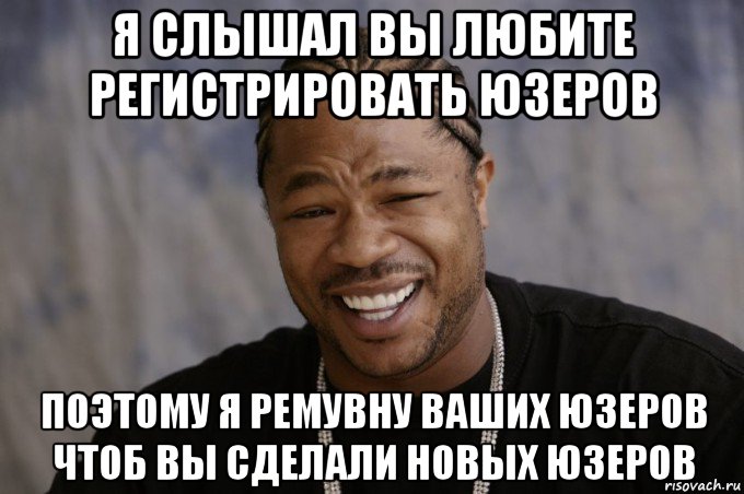 я слышал вы любите регистрировать юзеров поэтому я ремувну ваших юзеров чтоб вы сделали новых юзеров, Мем Xzibit