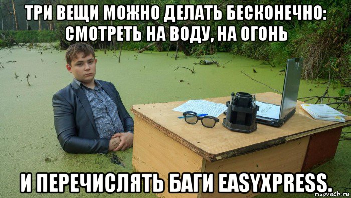 три вещи можно делать бесконечно: смотреть на воду, на огонь и перечислять баги easyxpress., Мем  Парень сидит в болоте