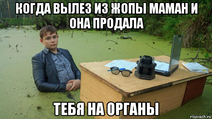 когда вылез из жопы маман и она продала тебя на органы, Мем  Парень сидит в болоте