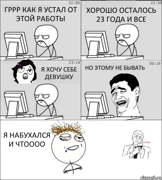 ГРРР КАК Я УСТАЛ ОТ ЭТОЙ РАБОТЫ ХОРОШО ОСТАЛОСЬ 23 ГОДА И ВСЕ Я ХОЧУ СЕБЕ ДЕВУШКУ НО ЭТОМУ НЕ БЫВАТЬ Я НАБУХАЛСЯ И ЧТОООО, Комикс  Ночью за компом