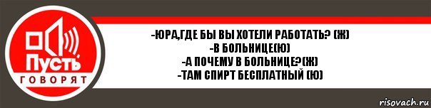 -Юра,где бы вы хотели работать? (Ж)
-В больнице(Ю)
-А почему в больнице?(Ж)
-Там спирт бесплатный (Ю), Комикс   пусть говорят