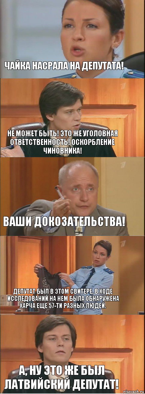 Чайка насрала на депутата! Не может быть! Это же уголовная ответственность! Оскорбление чиновника! ваши докозательства! Депутат был в этом свитере, в ходе исследований на нем была обнаружена харча еще 57-ти разных людей. А, ну это же был Латвийский депутат!, Комикс Суд