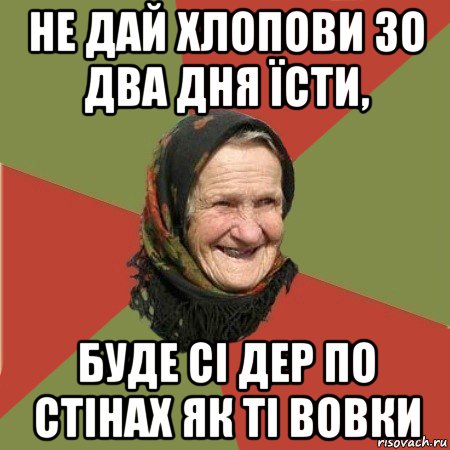 не дай хлопови зо два дня їсти, буде сі дер по стінах як ті вовки, Мем  Бабушка