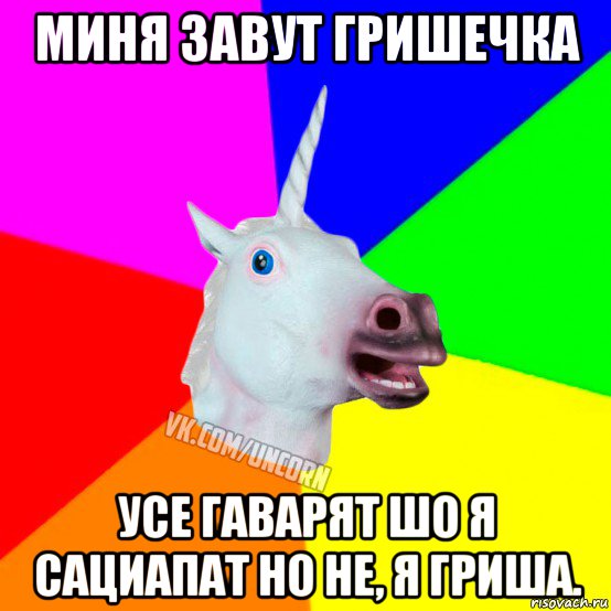 миня завут гришечка усе гаварят шо я сациапат но не, я гриша., Мем Единорог Социофоб