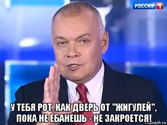  у тебя рот, как дверь от "жигулей", пока не ебанешь - не закроется!, Мем Киселёв 2014