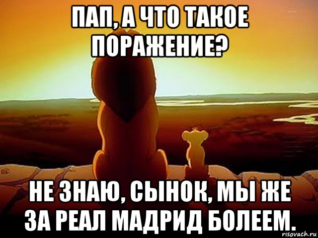 пап, а что такое поражение? не знаю, сынок, мы же за реал мадрид болеем., Мем  король лев