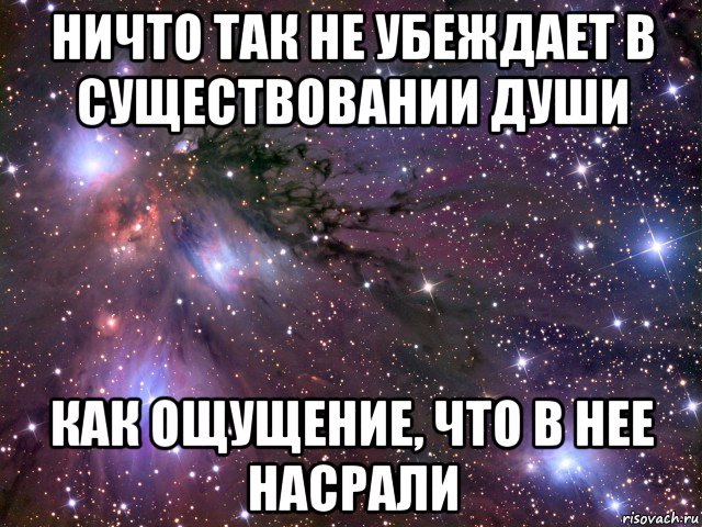 Не души. Ничто так не убеждает в существовании души как ощущение. Ничто так. Если тебе насрали в душу. Ничто так не.