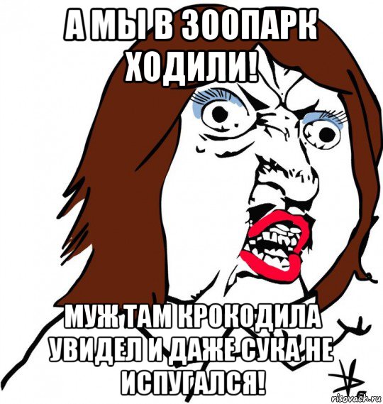 а мы в зоопарк ходили! муж там крокодила увидел и даже сука не испугался!, Мем Ну почему (девушка)