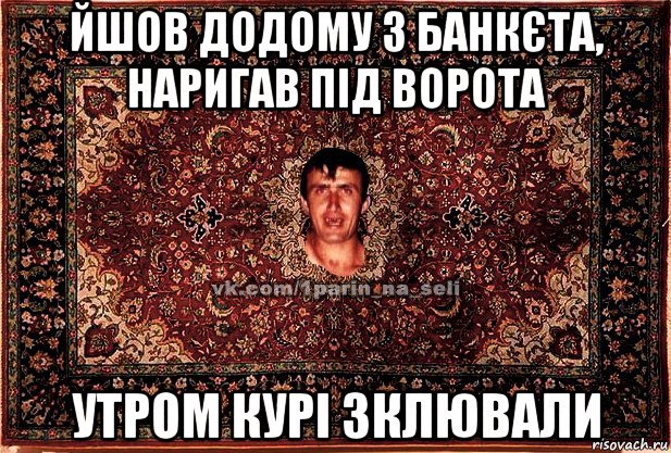 йшов додому з банкєта, наригав під ворота утром курі зклювали, Мем Парнь на сел