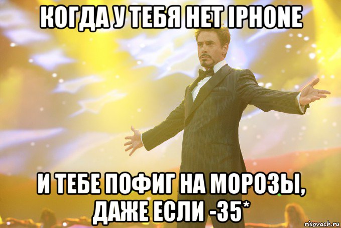 когда у тебя нет iphone и тебе пофиг на морозы, даже если -35*, Мем Тони Старк (Роберт Дауни младший)