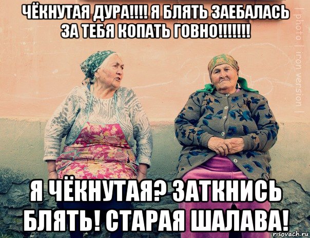 чёкнутая дура!!!! я блять заебалась за тебя копать говно!!!!!!! я чёкнутая? заткнись блять! старая шалава!, Мем   Ирон бабушки