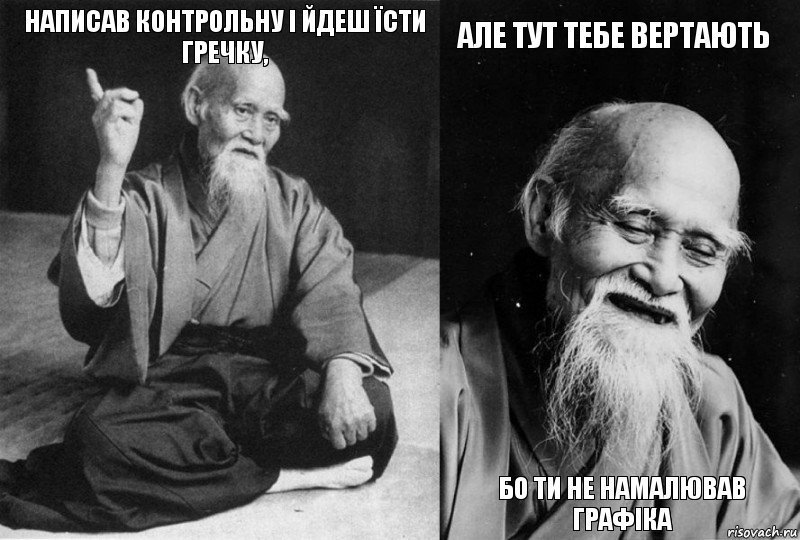 написав контрольну і йдеш їсти гречку,  але тут тебе вертають бо ти не намалював графіка, Комикс Мудрец-монах (4 зоны)