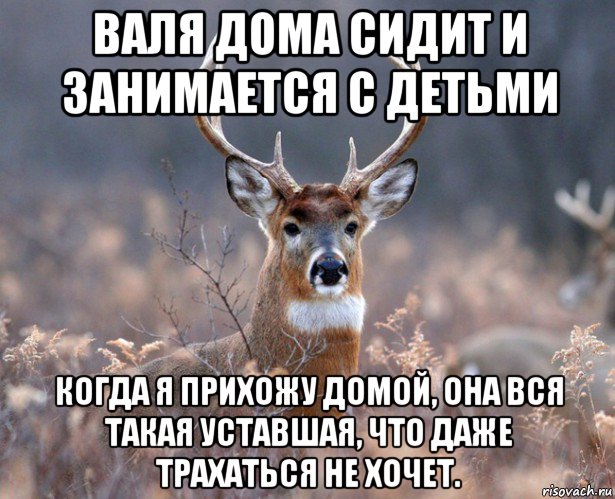 валя дома сидит и занимается с детьми когда я прихожу домой, она вся такая уставшая, что даже трахаться не хочет.