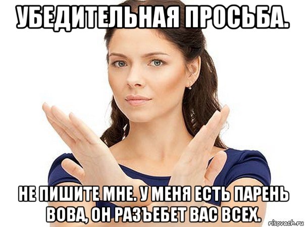 убедительная просьба. не пишите мне. у меня есть парень вова, он разъебет вас всех., Мем Огромная просьба