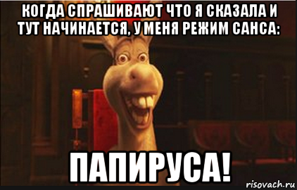 когда спрашивают что я сказала и тут начинается, у меня режим санса: папируса!, Мем Осел из Шрека